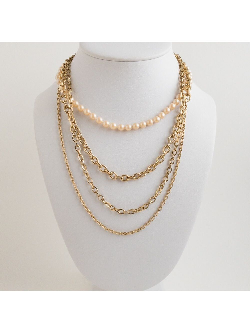 Vintage 4 Multi Strand Chain Link Necklace White Glass Faux Pearl Gold Tone